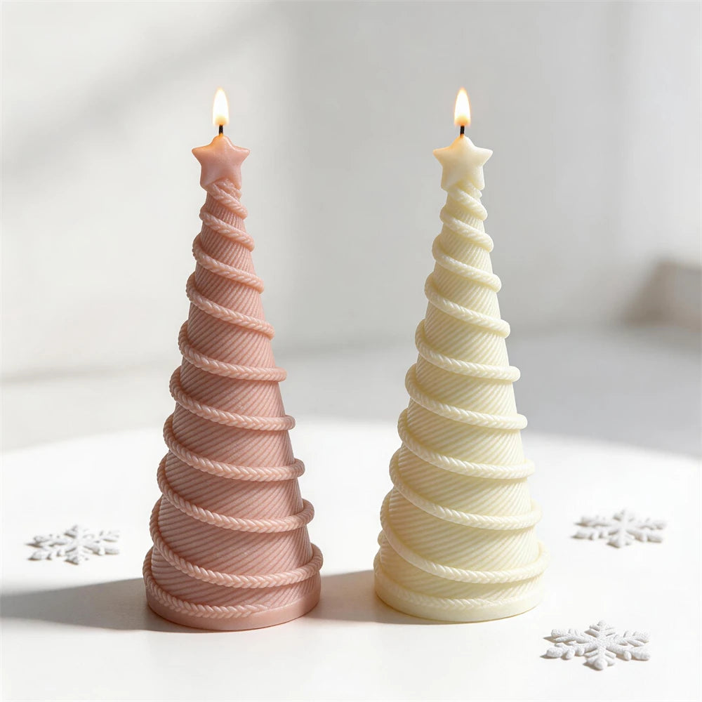 Spiral rope Christmas tree candles in beige and pastel green