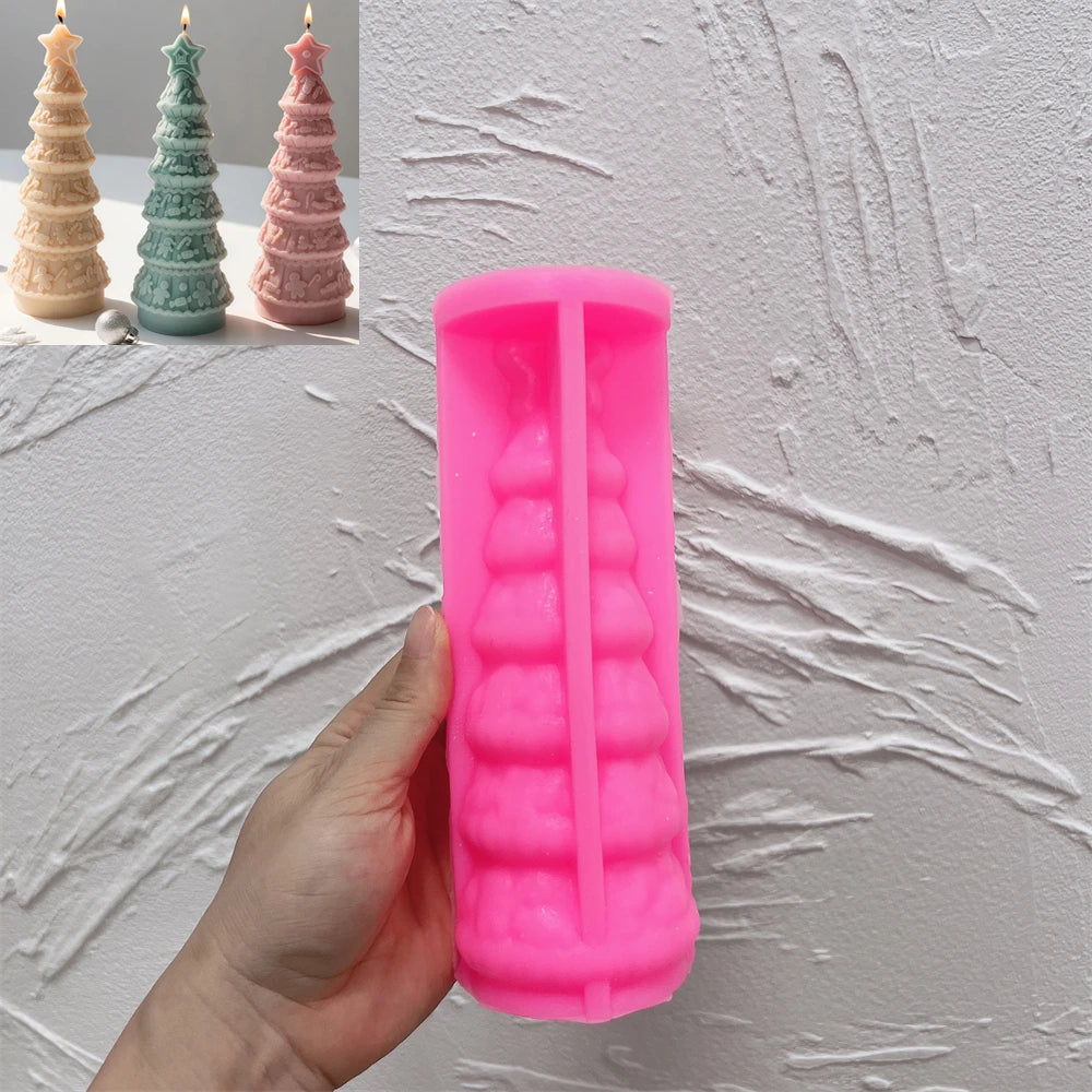 Pink silicone mold for making a festive gingerbread tree candle