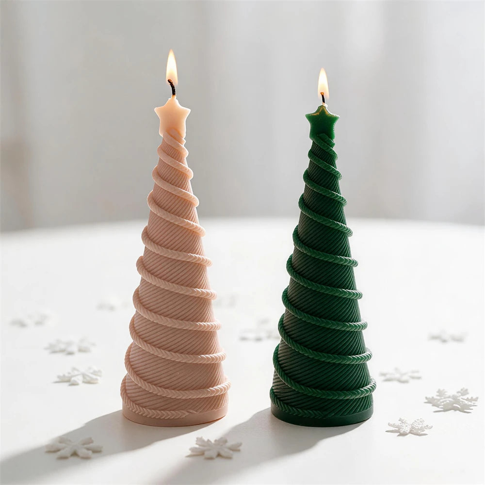 Green and neutral Christmas tree candles with woven rope texture