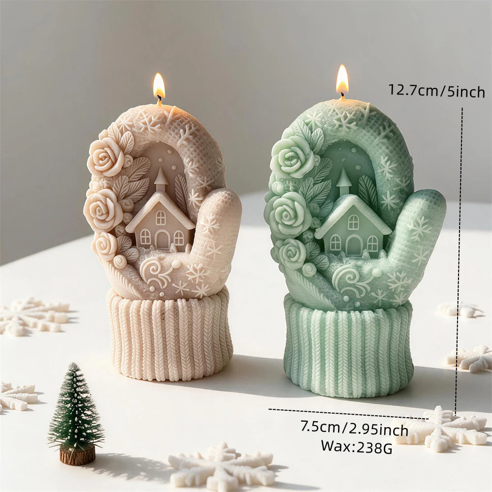 Knitted mitten candle measuring 12.7 centimetres tall