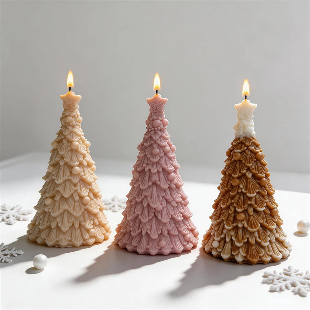 Christmas tree candle with layered scalloped branches and star topper