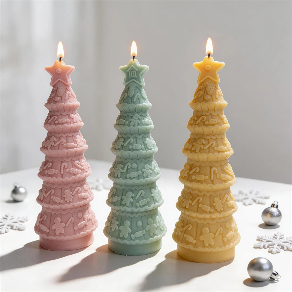 Green, pink and cream gingerbread Christmas tree candles