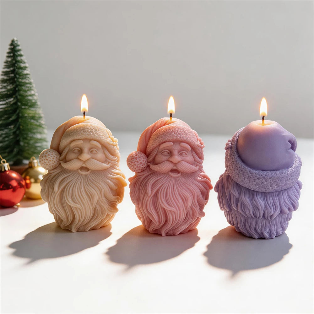 Santa Claus face candle with flowing beard and curled moustache