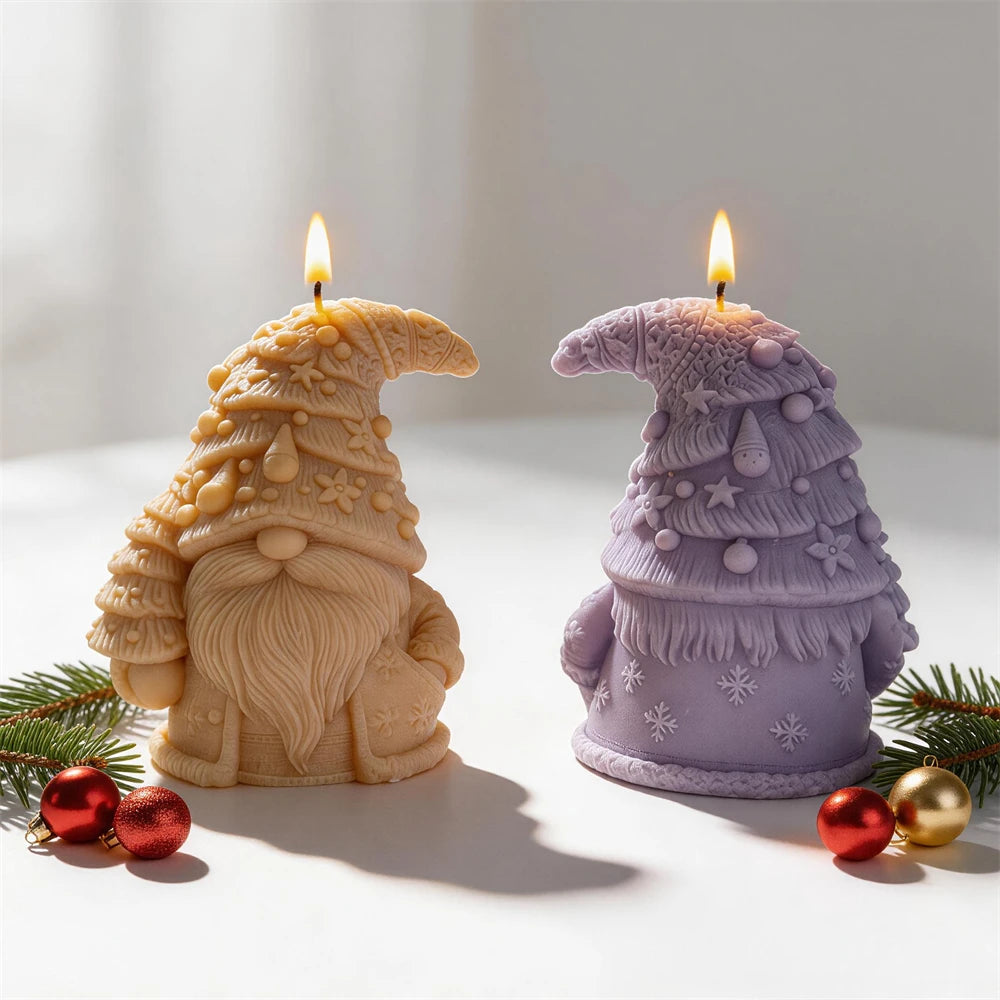 Nordic-style Christmas gnome candles displayed with festive ornaments