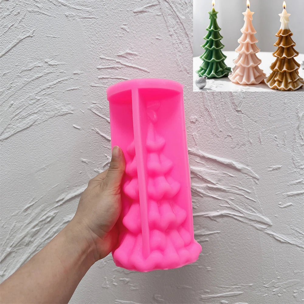 Pink silicone mold for making a layered Christmas tree candle