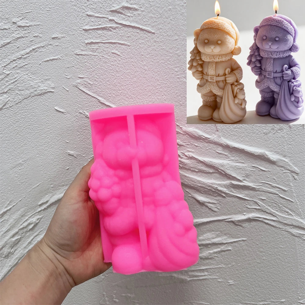 Pink silicone mold for creating a Christmas teddy bear candle
