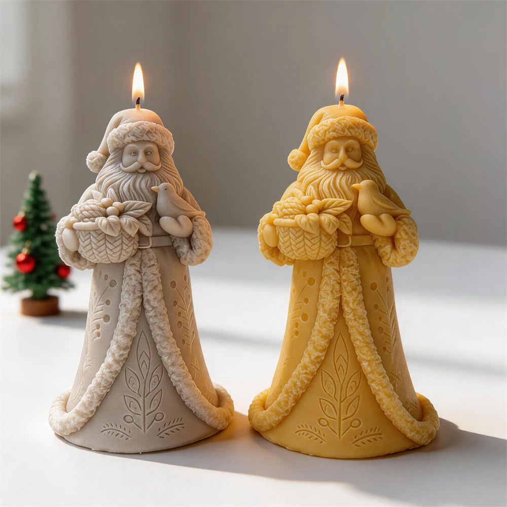 Father Christmas candle with flowing beard and embroidered winter robe