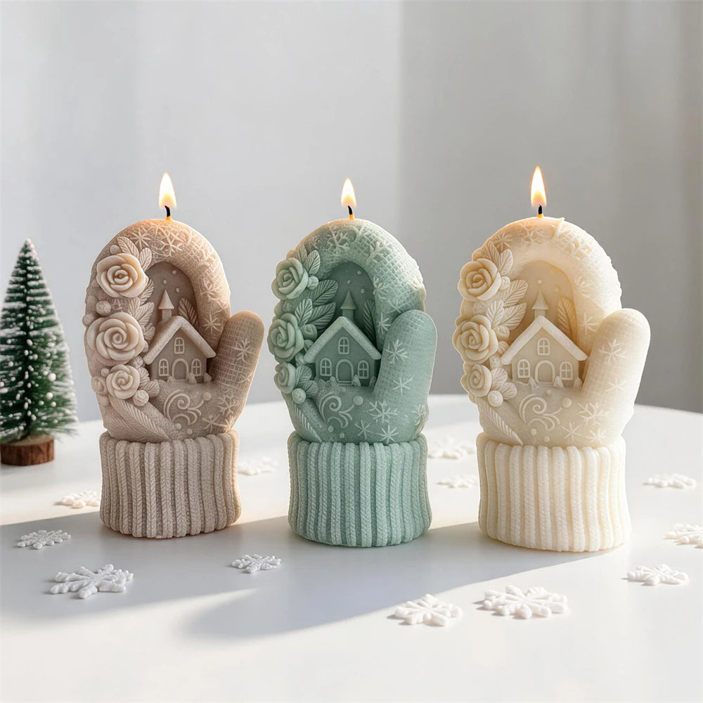 Winter cottage knitted mitten candles in cream, green and beige