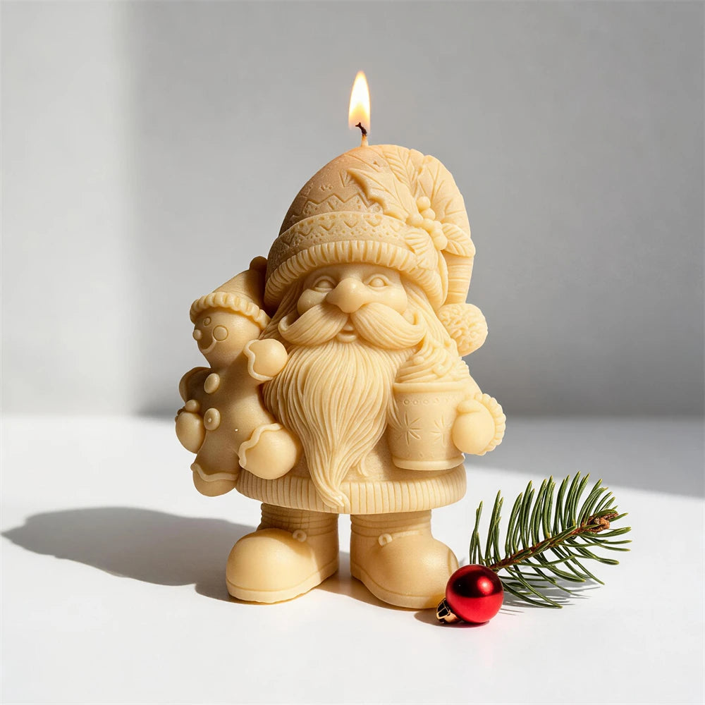 Festive gnome candle with flowing beard and gingerbread figure