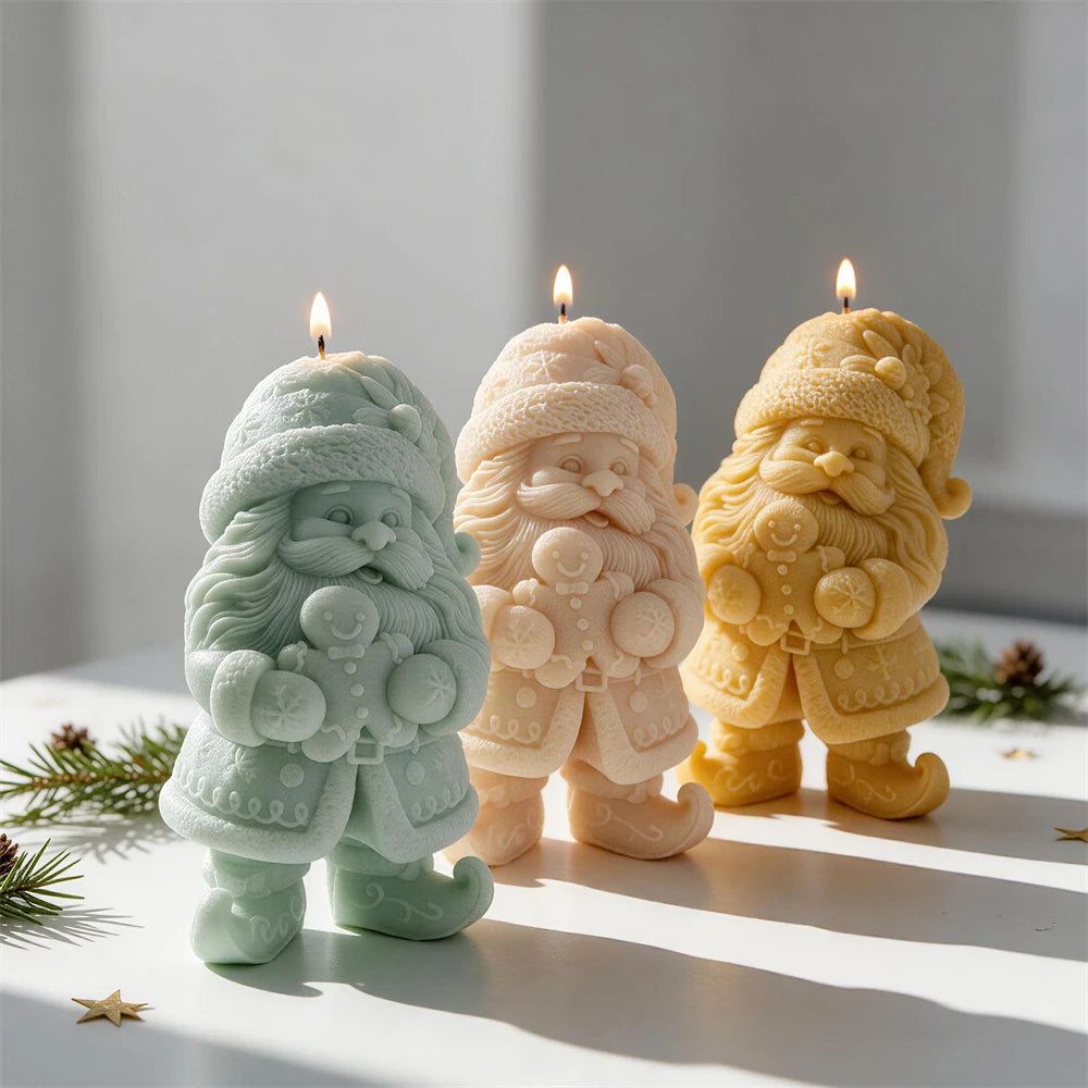 Standing Christmas gnome candle holding a smiling gingerbread man