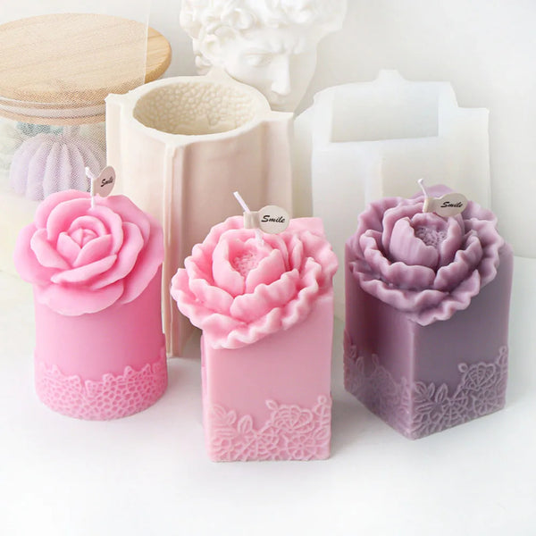 Lace Peony Square Pillar and Rose Cylindrical Silicone Candle Mold