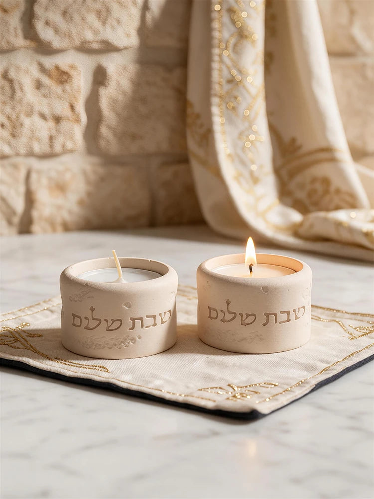 Shabbat Shalom low candle holder with Hebrew lettering and tea light recess