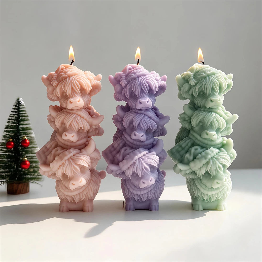 Pink cream purple and sage stacked Highland cow candles for animal décor