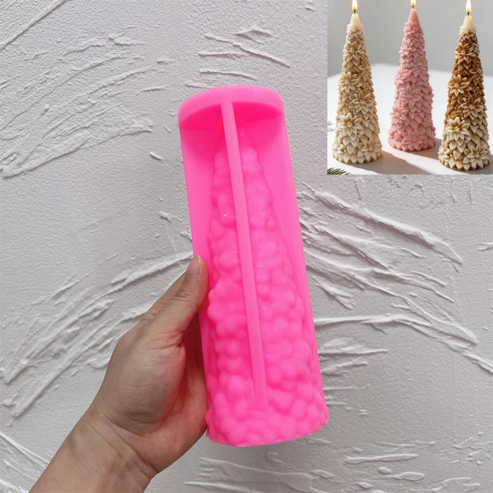 Pink silicone mold for making a floral Christmas tree candle