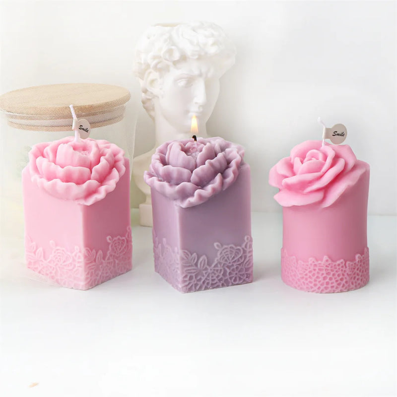 Lace Peony Square Pillar and Rose Cylindrical Silicone Candle Mold