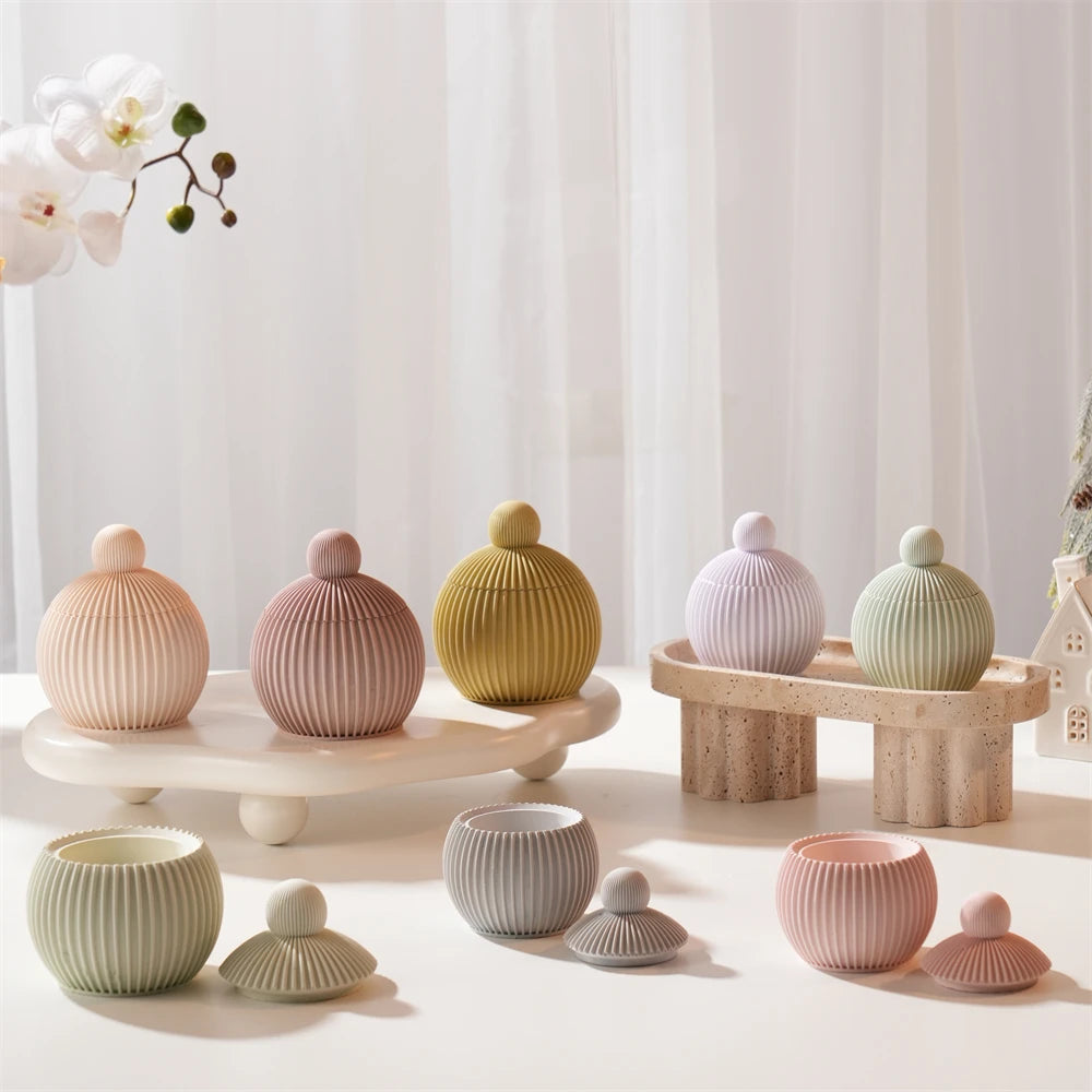 Ribbed Ball Candle Silicone Mold with Lid