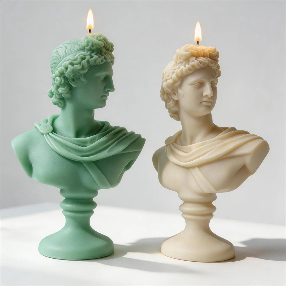 Finished Apollo bust soy candle released from its silicone mold.
