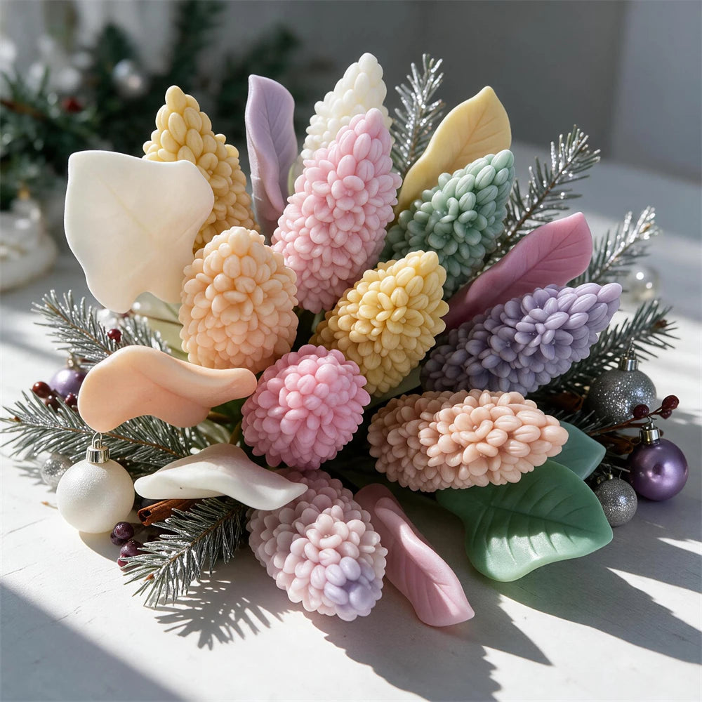Lilac flower candles in pastel colours arranged as a floral candle bouquet