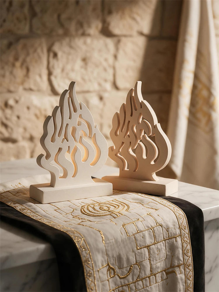 Beige and gray HaEsh Sheli flame sculptures with pedestal stands