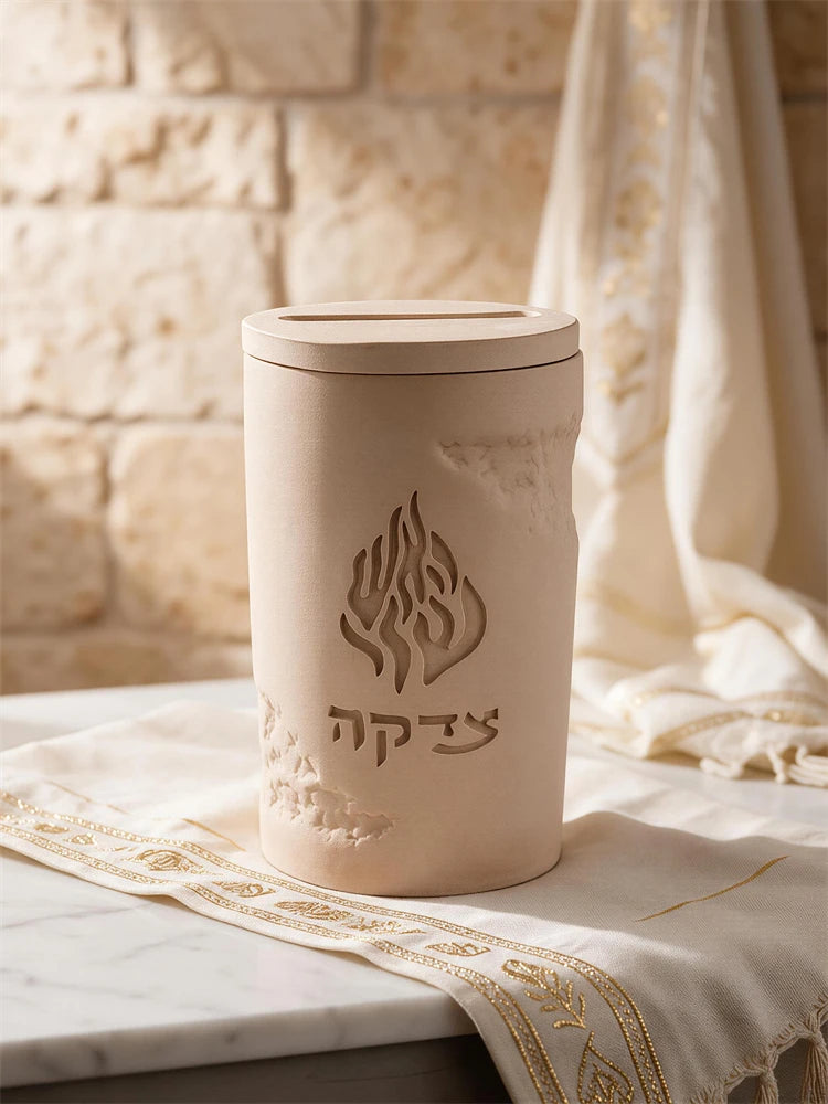 Tzedakah charity box with Hebrew צדקה lettering and distressed surface detail