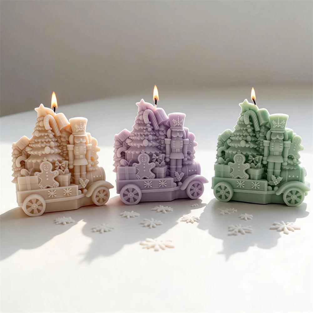 Sage cream pink and lilac Nutcracker Christmas train candles for festive décor