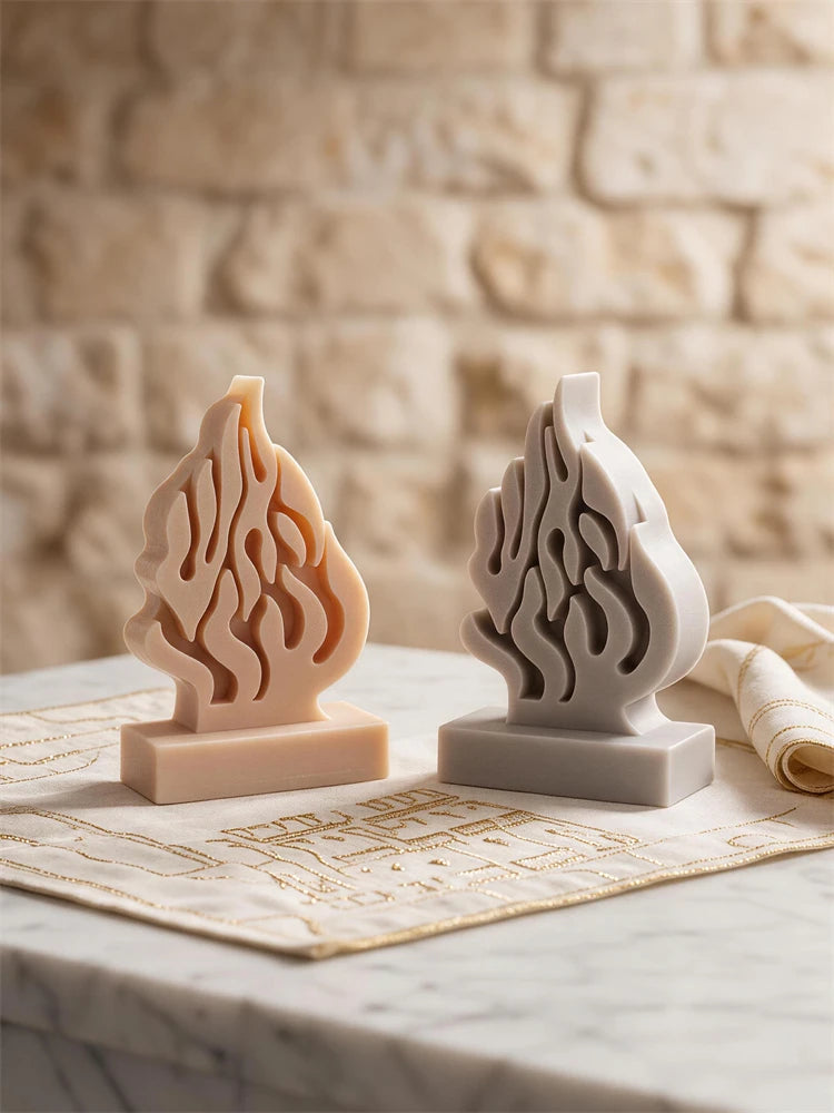 HaEsh Sheli flame candles in beige and gray on rectangular pedestal bases