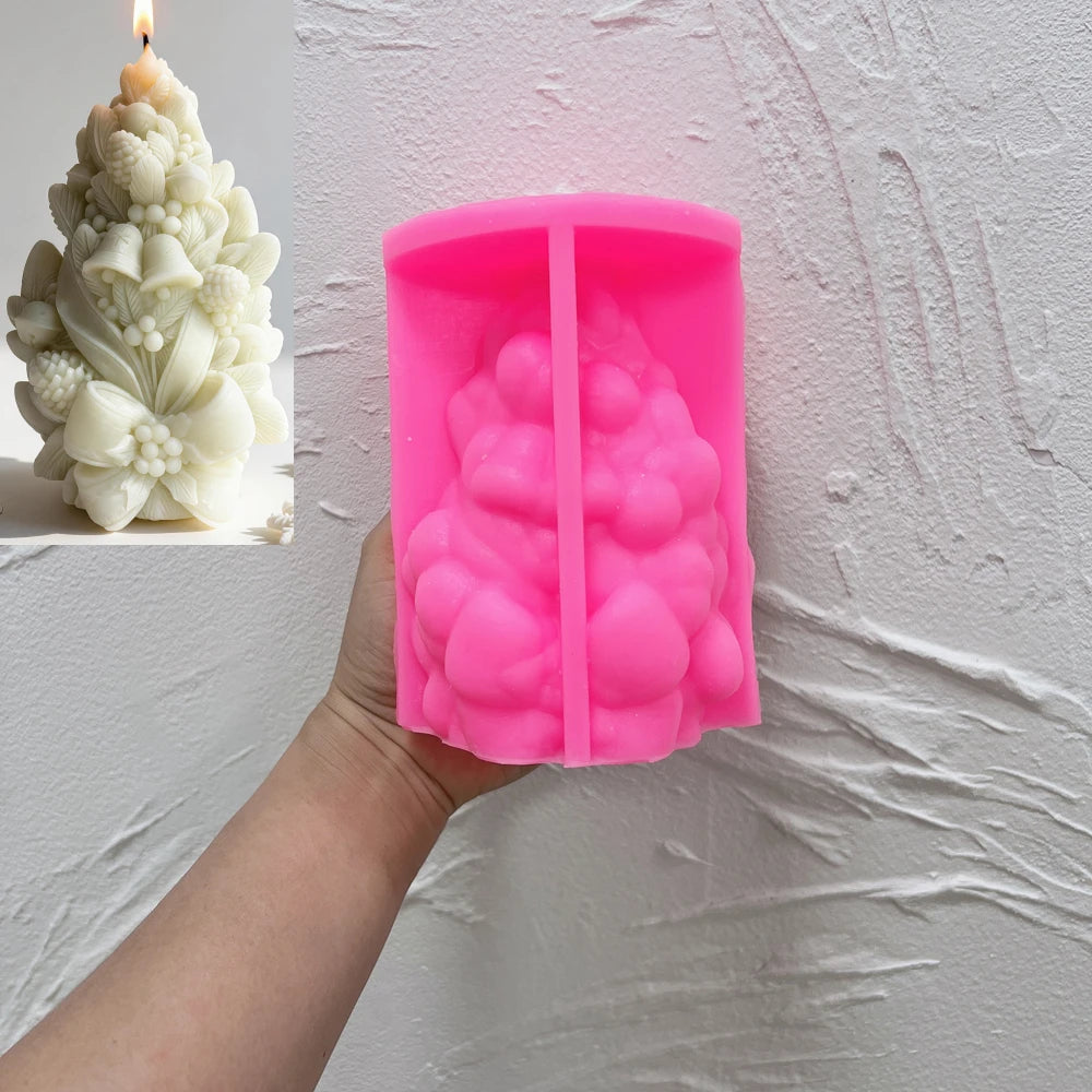 Christmas tree silicone candle mold with pinecones bells berries and leaves