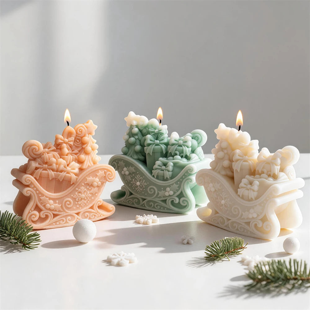 Gift-filled Christmas sleigh candles overflowing with wrapped presents and bows