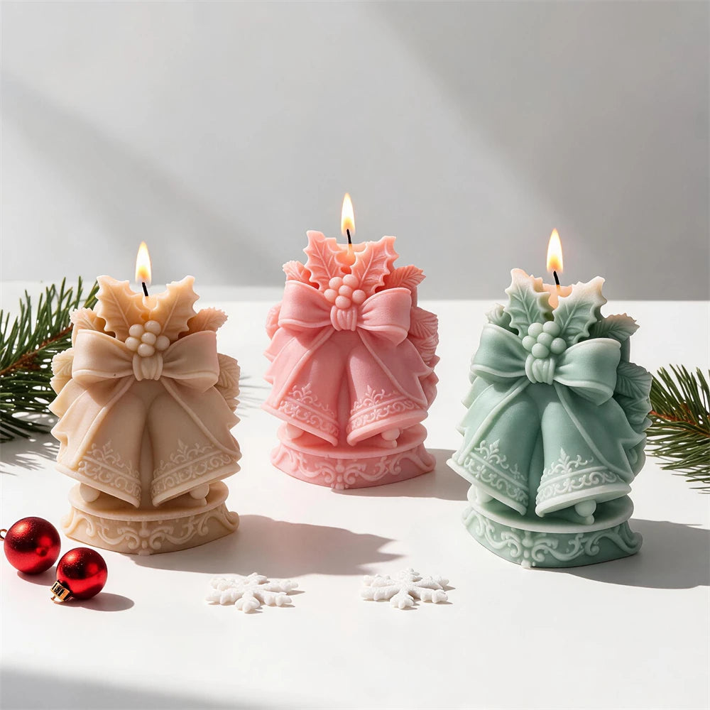 Pink cream and sage Christmas bell candles for festive holiday décor