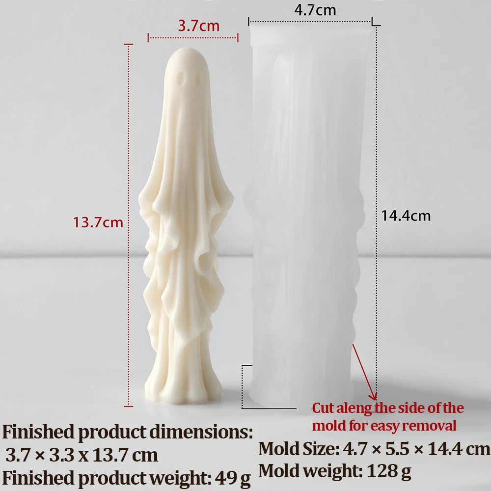 Classic Halloween ghost candle with oval eyes and draped body