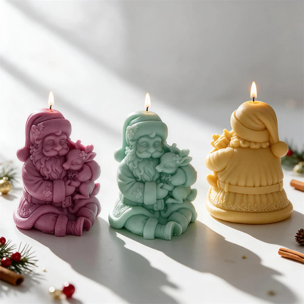 Sitting Santa Claus holding a small reindeer Christmas candle