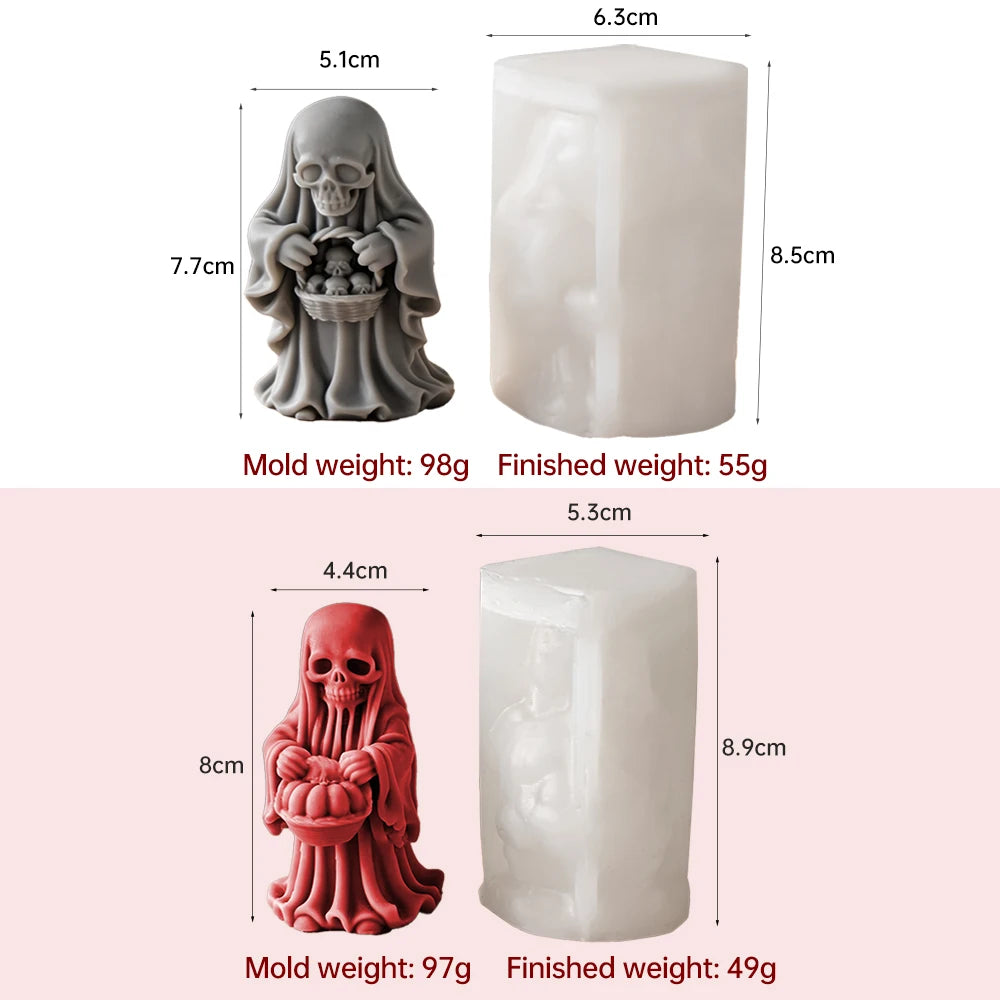 Two hooded skull Halloween candle designs with detailed skeletal faces
