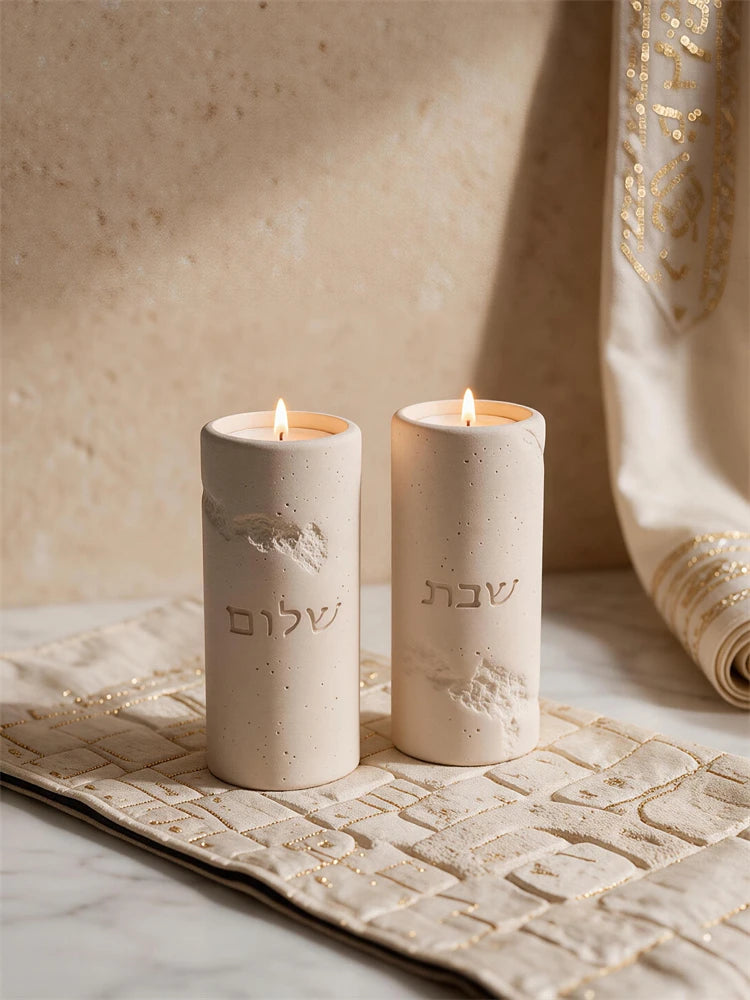 Shabbat and Shalom tall Hebrew tea light holders with cylindrical design