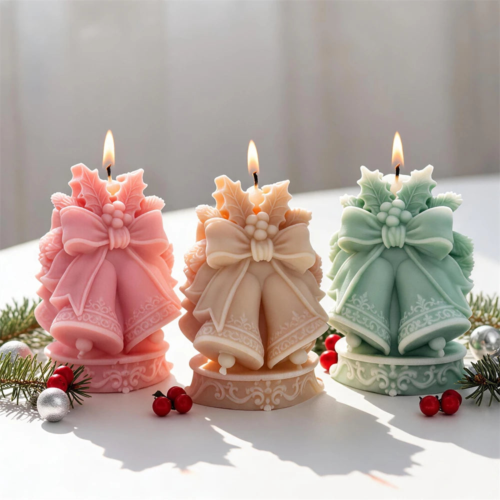 Pink cream and sage Christmas bell candles for festive holiday décor