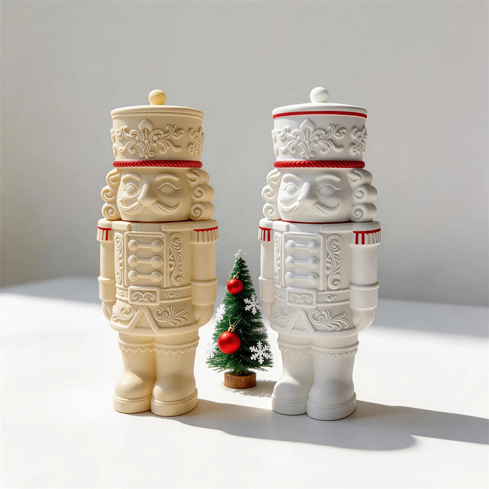 Lidded Nutcracker candle jar with removable head and decorative hat