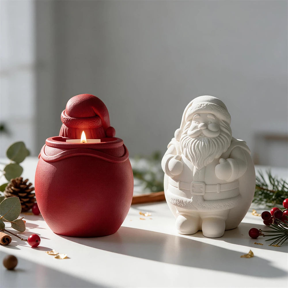 Red and white Santa candle jars with open rear candle cavity