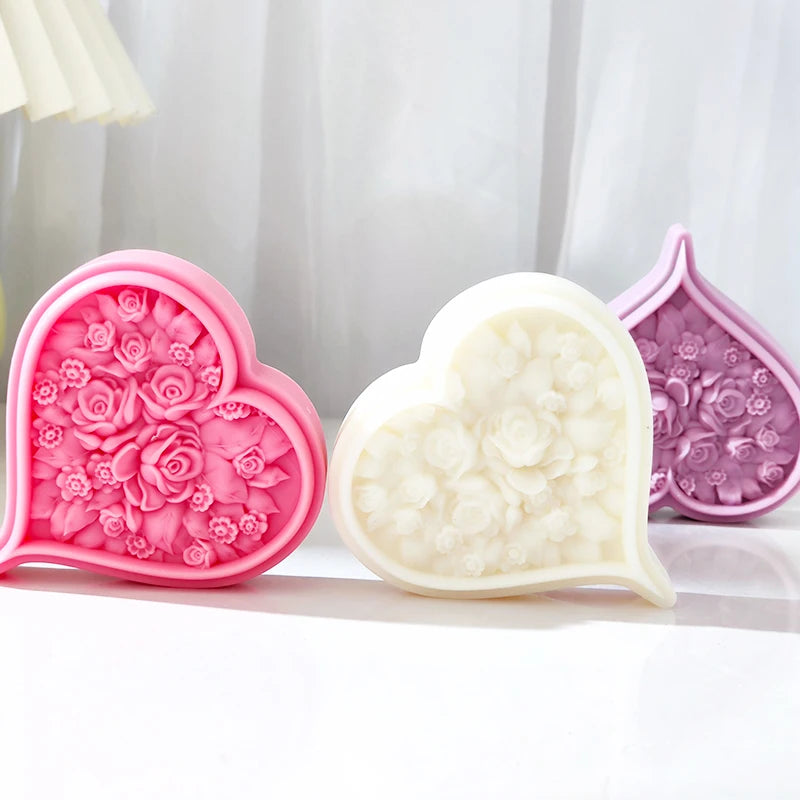 Rose Blossom Heart Shape Silicone Candle Mold