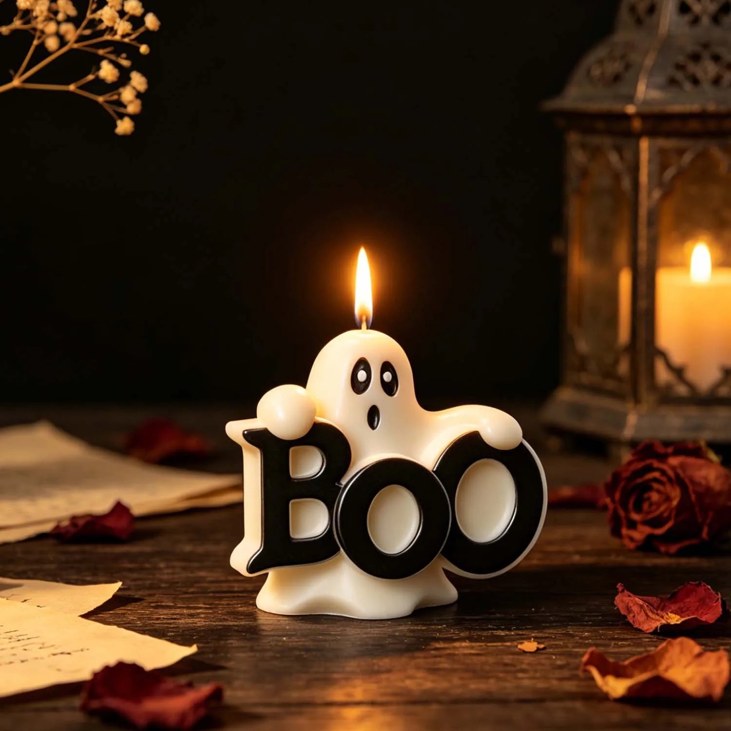 Halloween ghost candle peeking over bold BOO lettering