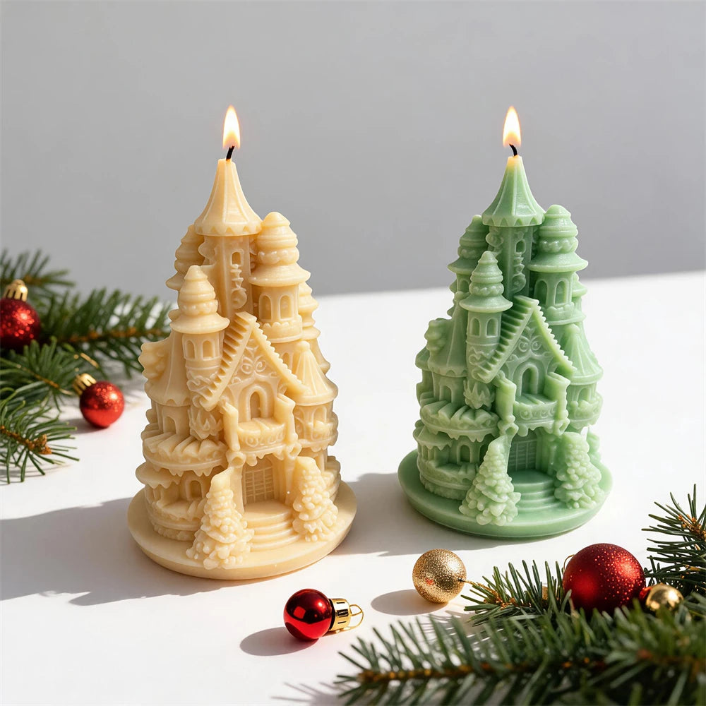 Fairytale tower castle candles with pointed turrets and arched windows