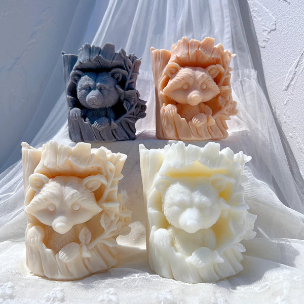 Raccoon and Bear Hiding In Tree Trunk Silicone Candle Mold