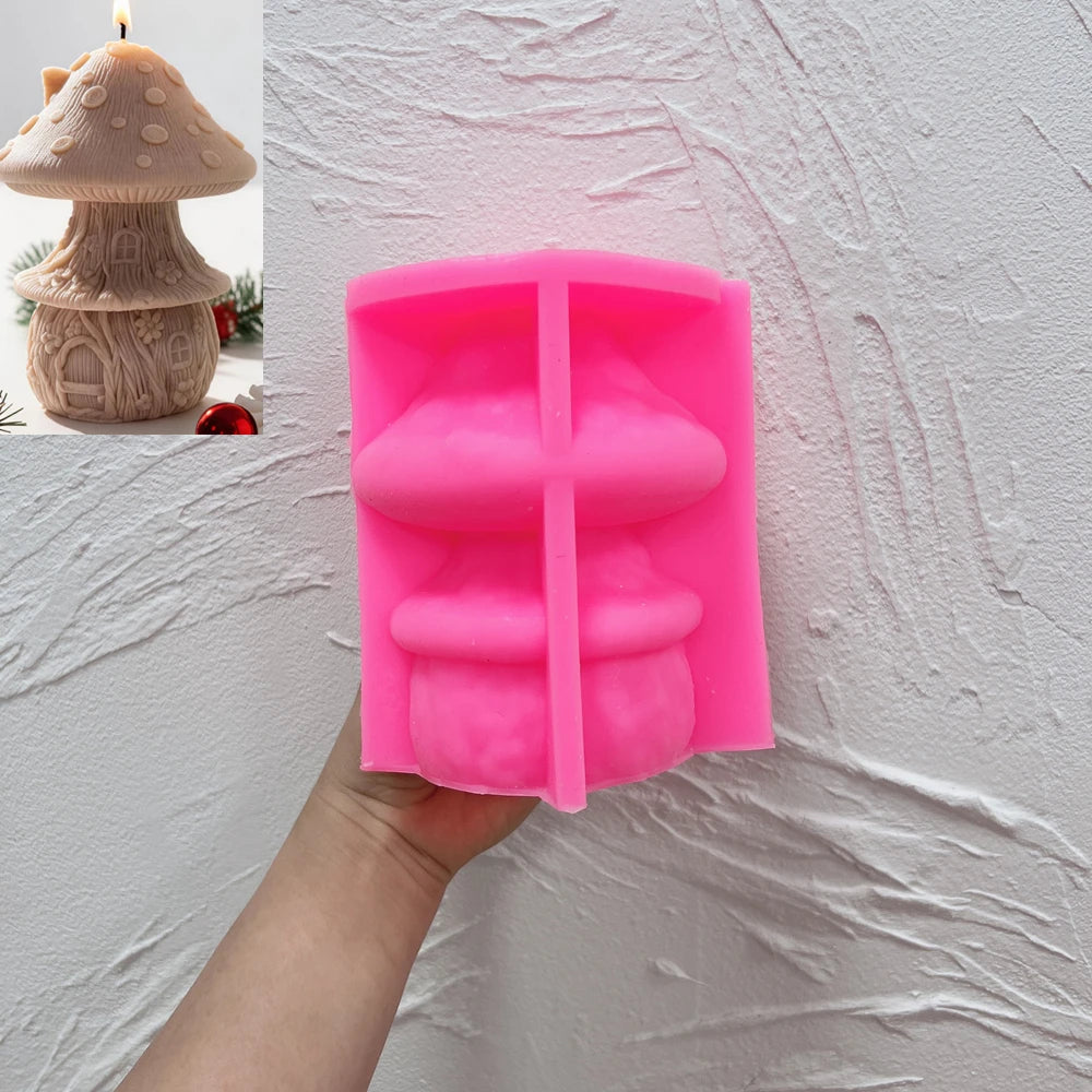 Mushroom fairy house silicone candle mold with woodland cottage details