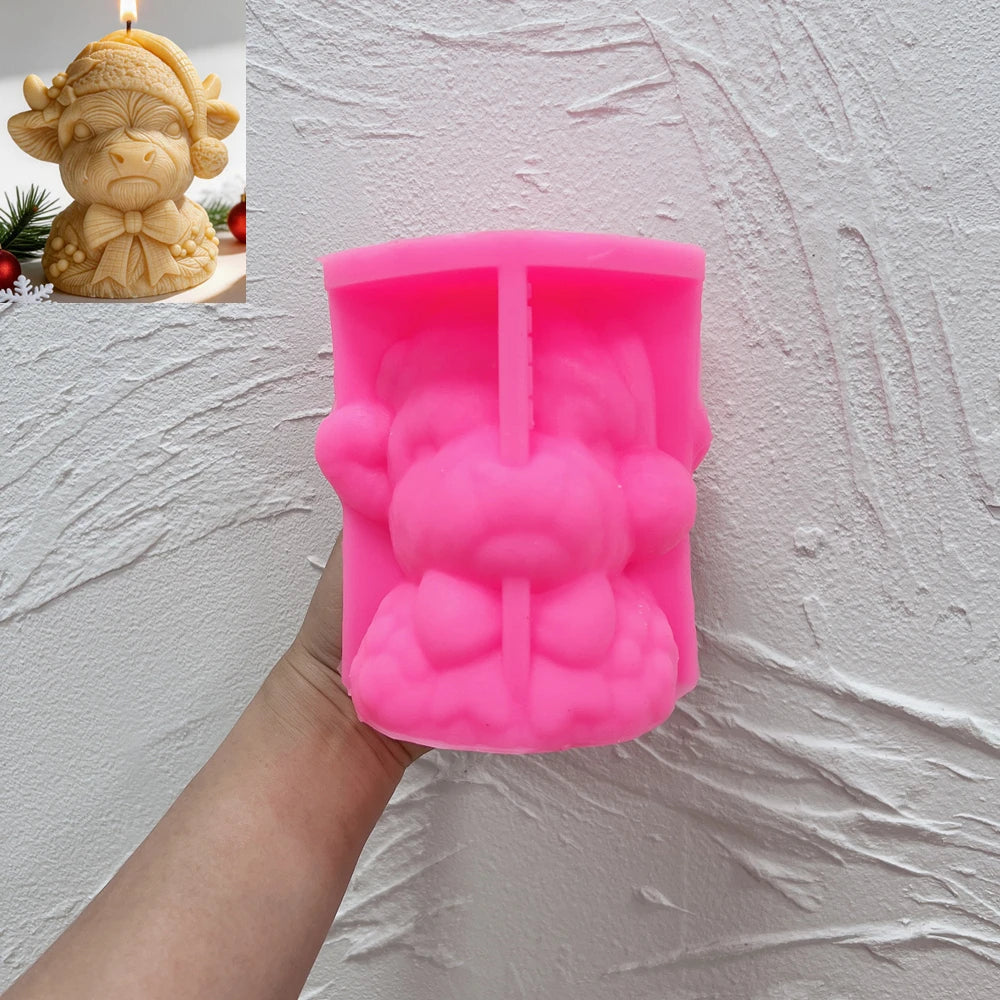 Highland cow Christmas silicone candle mold with Santa hat and pom-pom