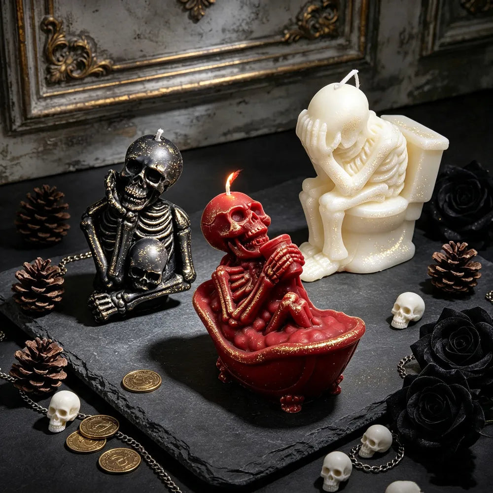 Funny skeleton candles with bathtub toilet and skull-holding designs