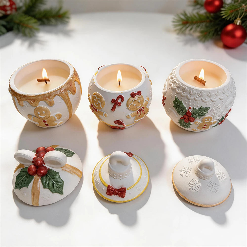 Christmas ornament candle jars with gingerbread snowflake and quilted designs