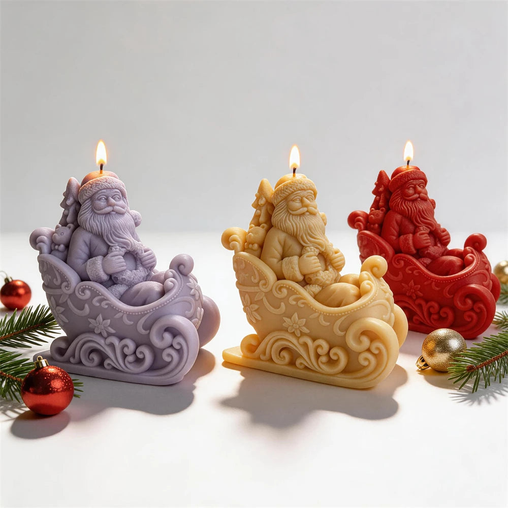 Santa Claus seated in ornate Christmas sleigh candles with decorative scrollwork