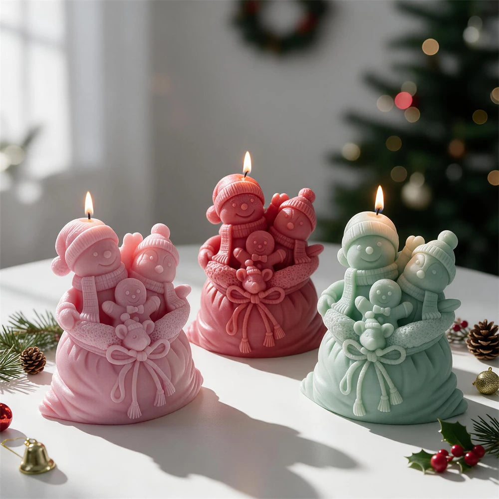 Snowman and gingerbread Christmas gift sack candle with bow