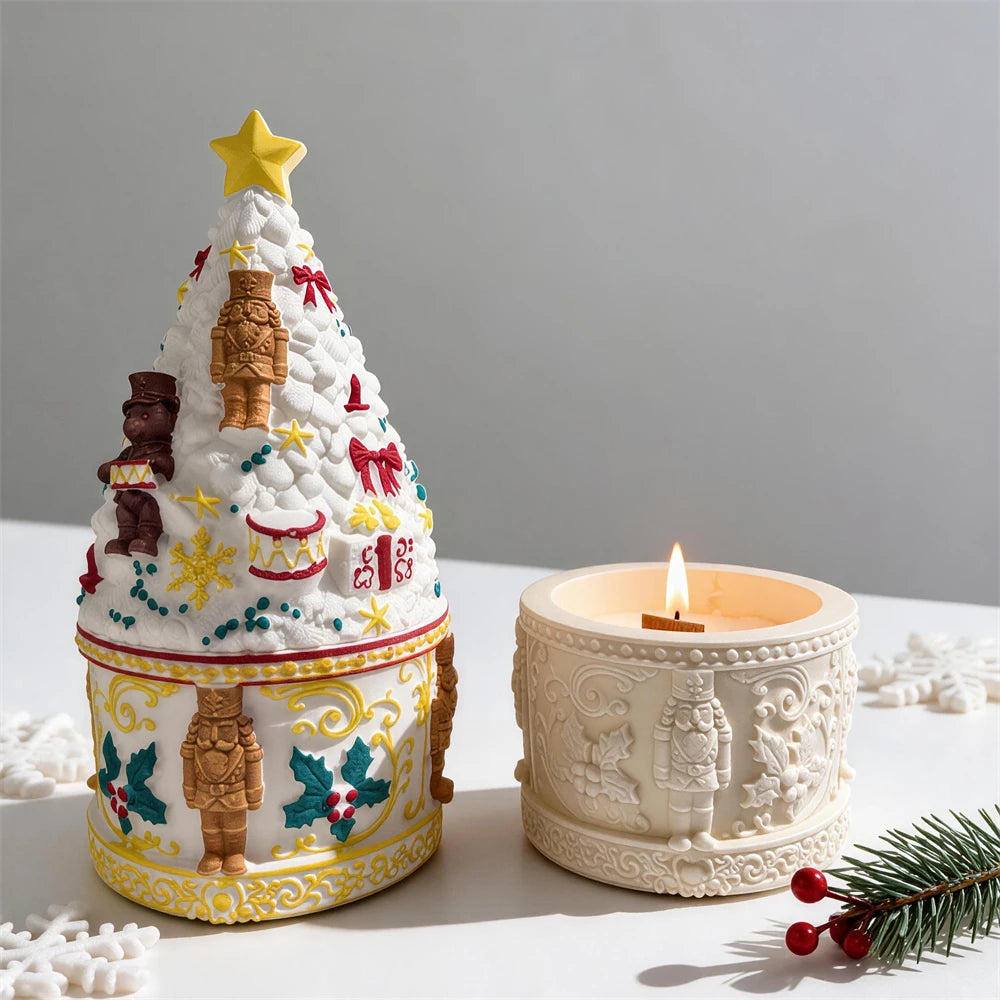 Nutcracker Christmas tree candle jar with removable decorated tree lid