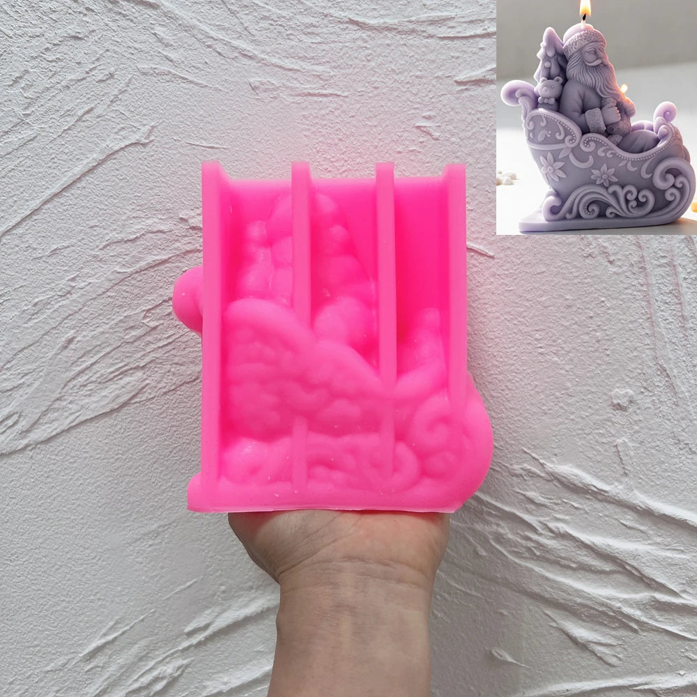 Santa in sleigh silicone candle mold with detailed beard and curved runners