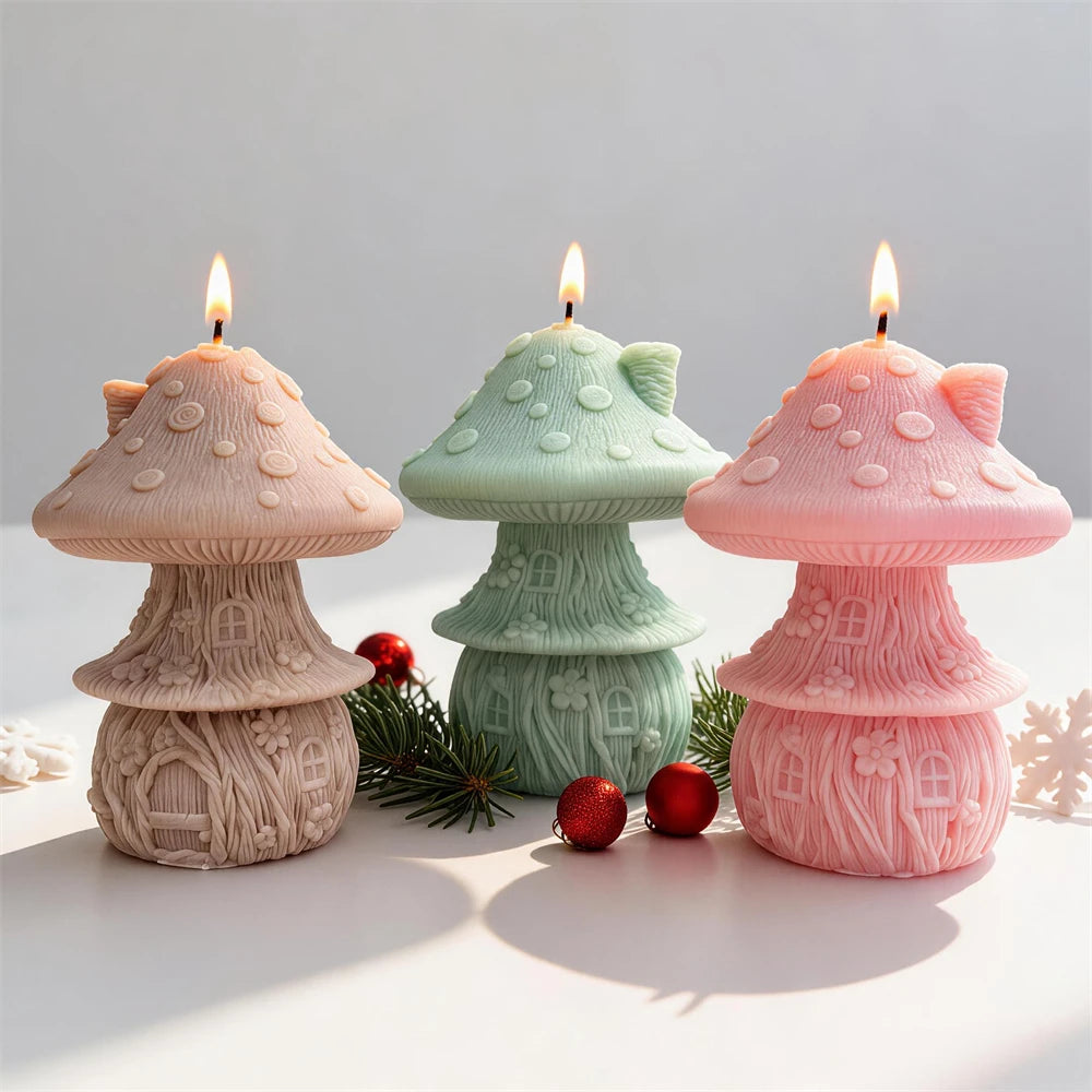 Mushroom fairy house candles with spotted caps windows and tiny cottage doors