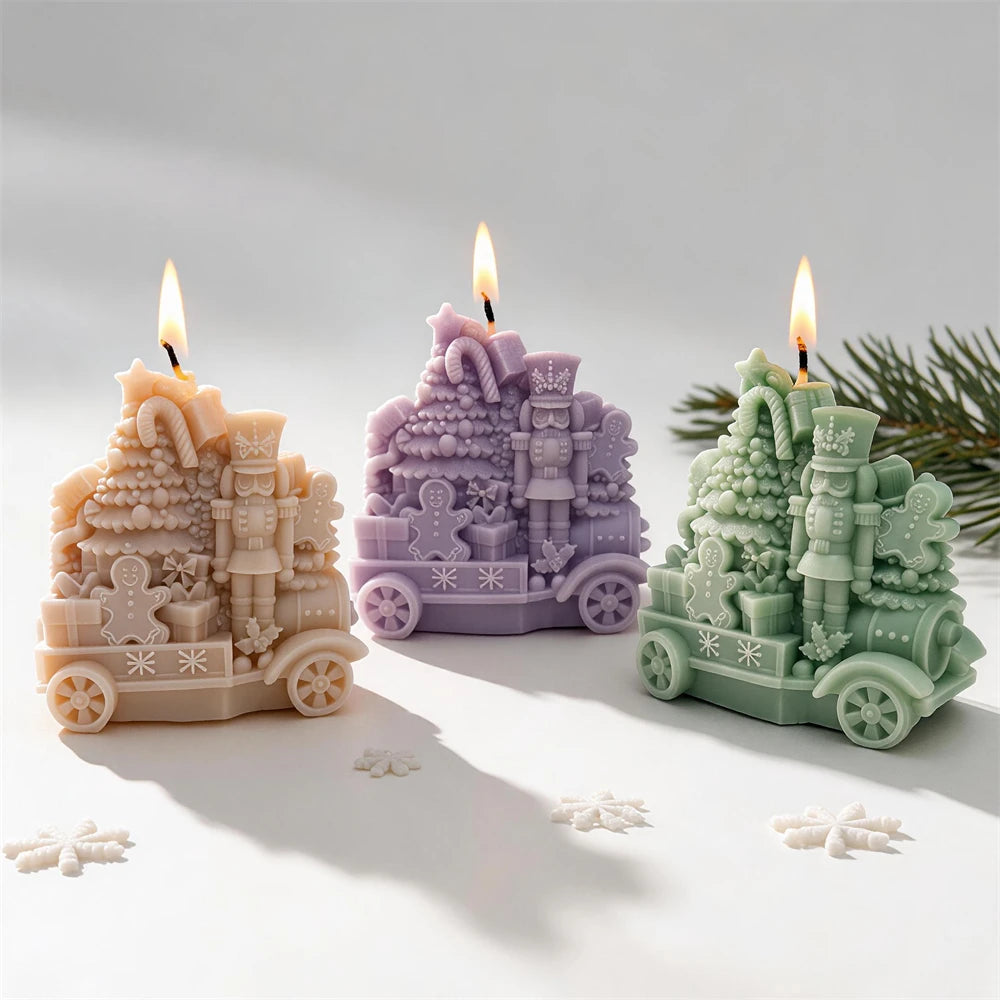 Nutcracker Christmas train candles with tree gingerbread men and presents